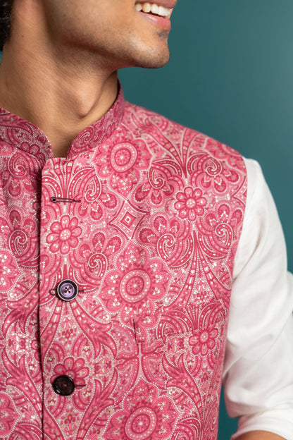 The Bright Pink Nehru Jacket With All-Over Floral Foil Print