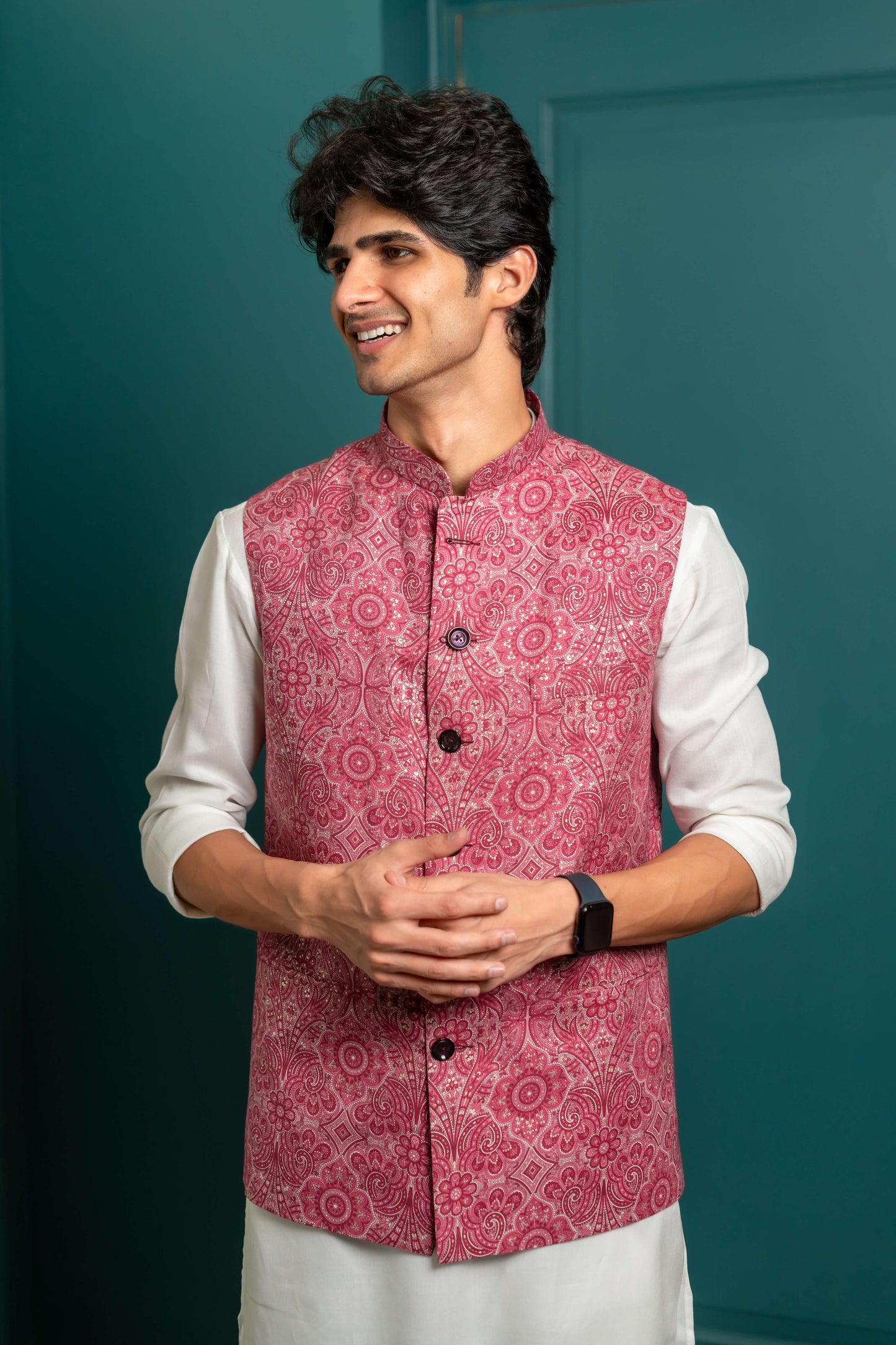 The Bright Pink Nehru Jacket With All-Over Floral Foil Print