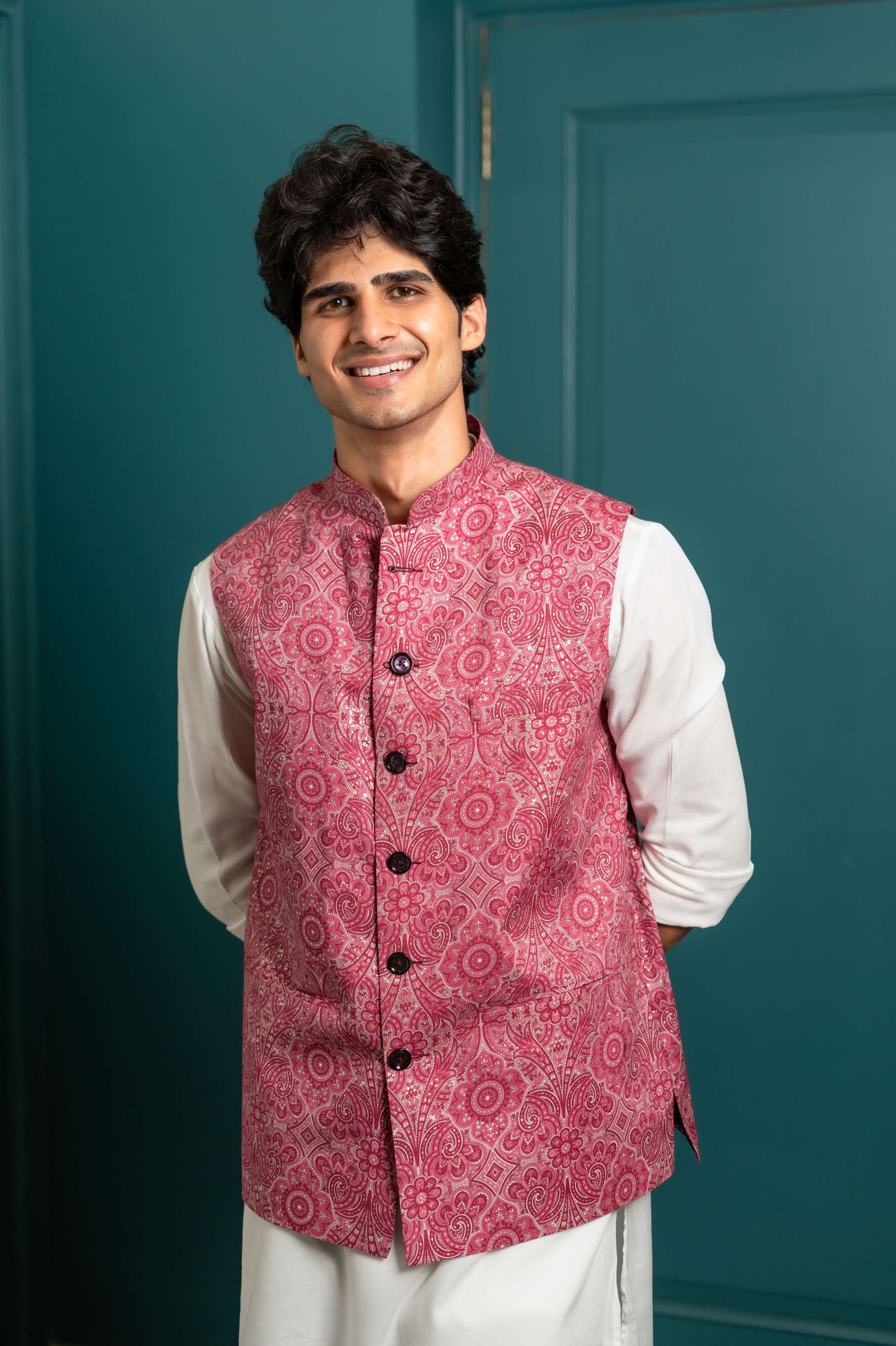 The Bright Pink Nehru Jacket With All-Over Floral Foil Print