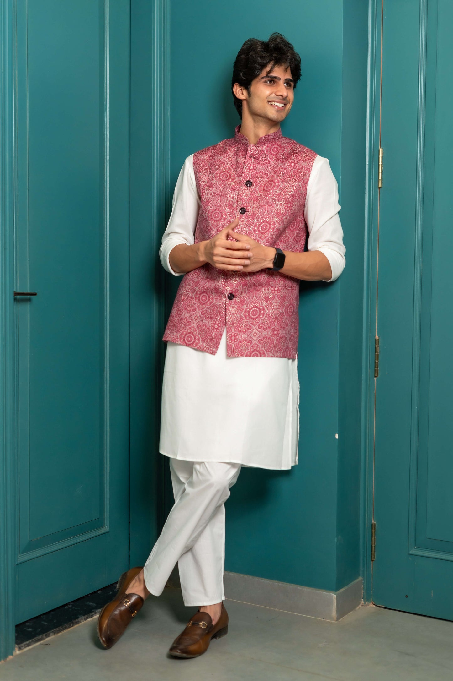 The Bright Pink Nehru Jacket With All-Over Floral Foil Print