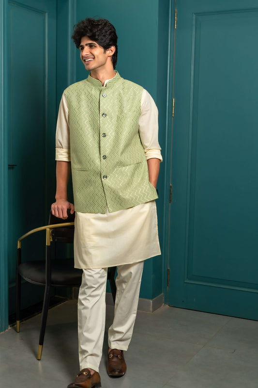 The Golden Zigzag Embroidery Work Nehru Jacket In Pastel Green Color