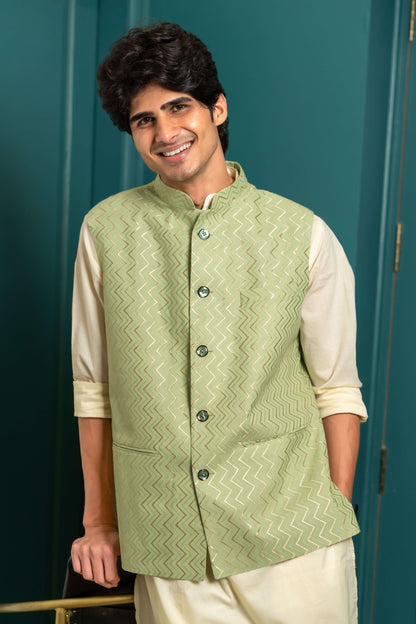 The Golden Zigzag Embroidery Work Nehru Jacket In Pastel Green Color