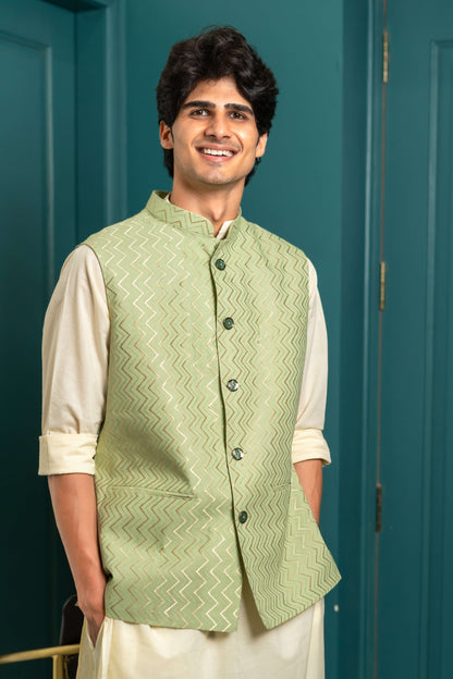 The Golden Zigzag Embroidery Work Nehru Jacket In Pastel Green Color