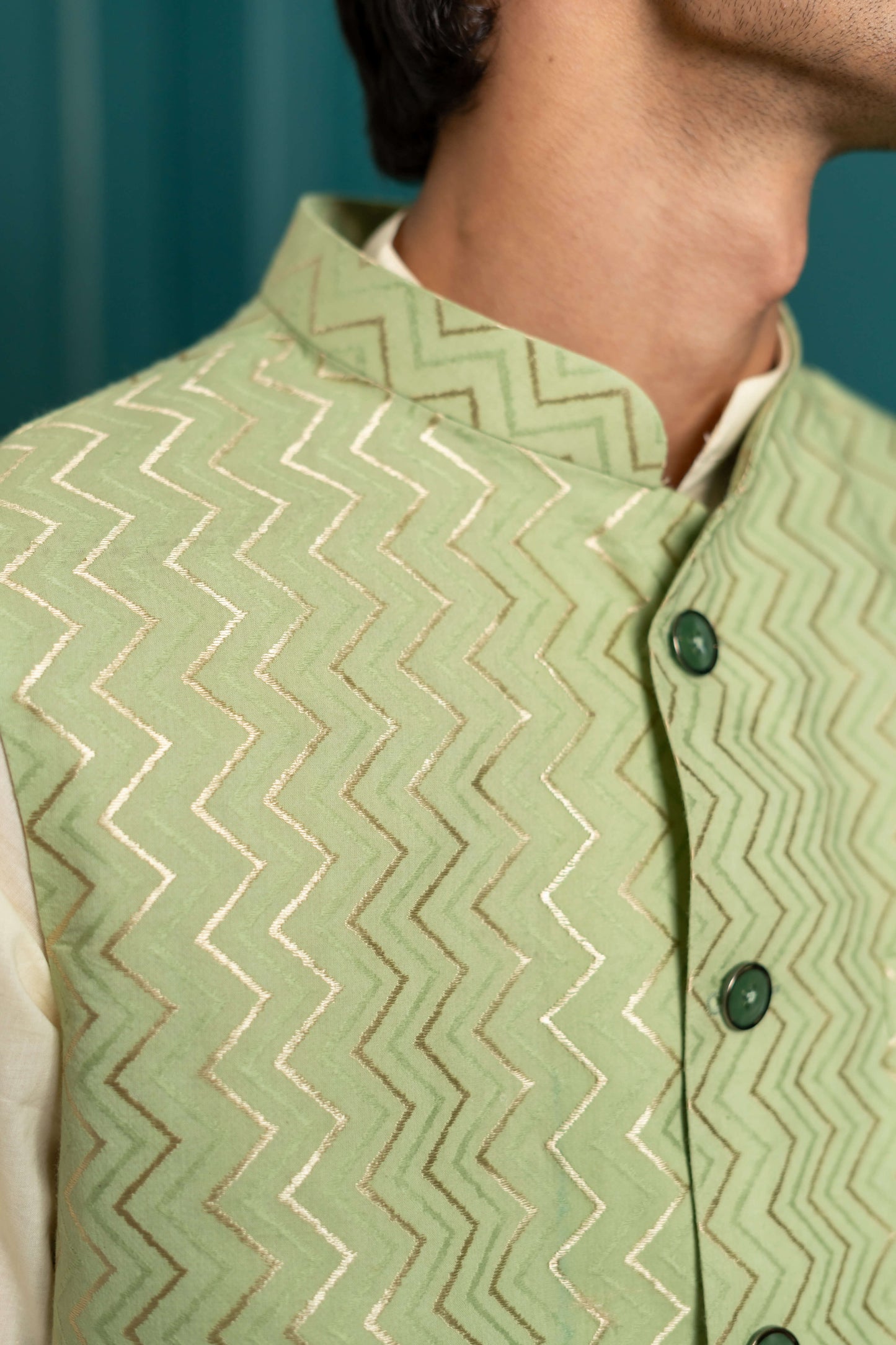 The Golden Zigzag Embroidery Work Nehru Jacket In Pastel Green Color