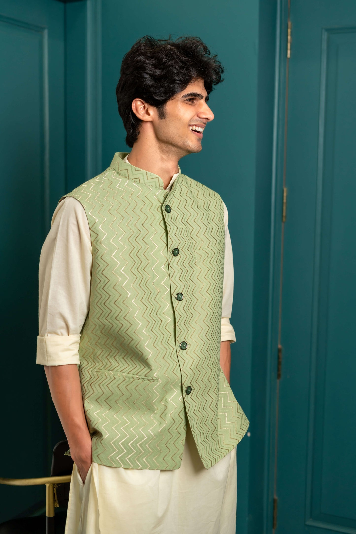 The Golden Zigzag Embroidery Work Nehru Jacket In Pastel Green Color