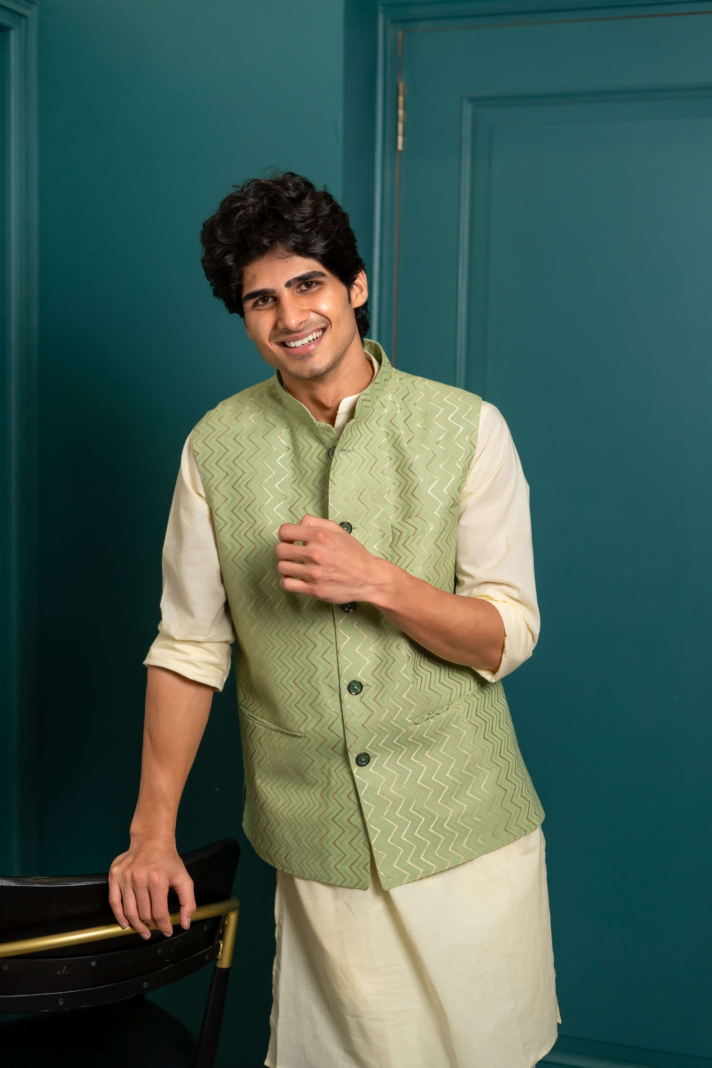 The Golden Zigzag Embroidery Work Nehru Jacket In Pastel Green Color