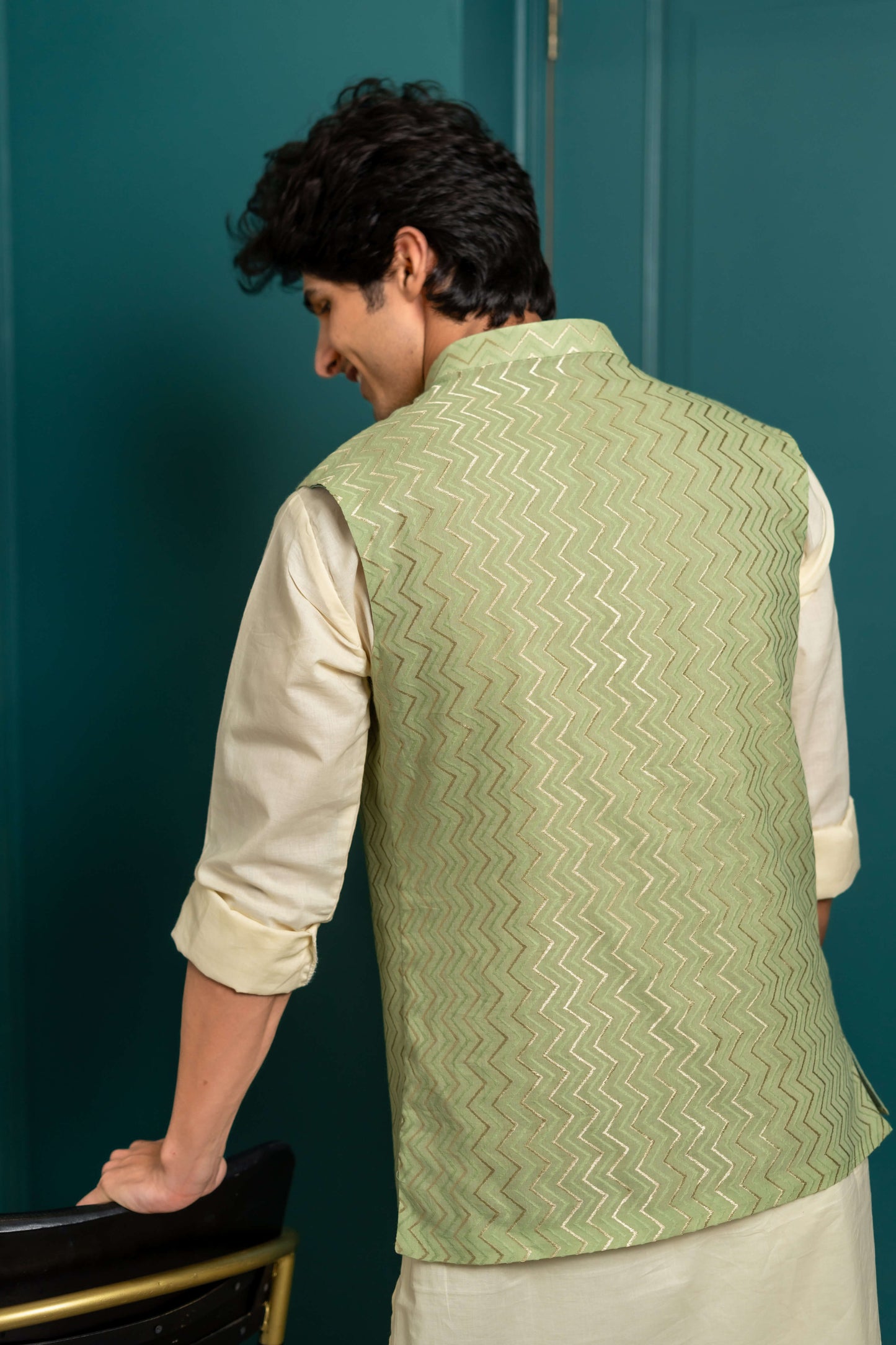 The Golden Zigzag Embroidery Work Nehru Jacket In Pastel Green Color