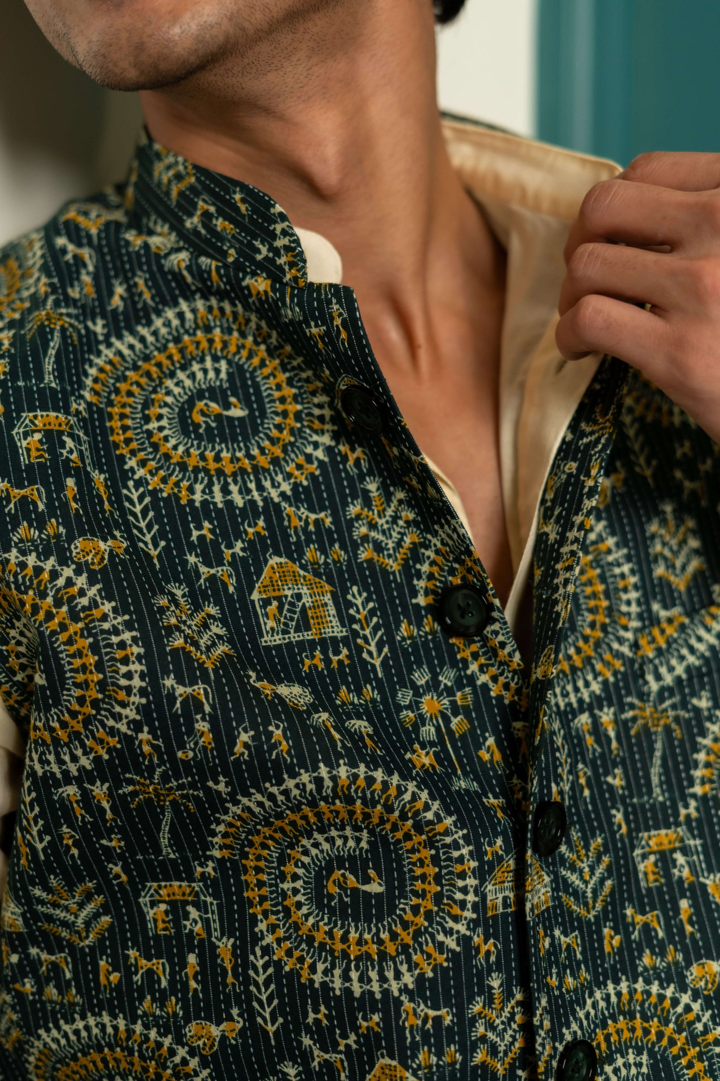 The Dark Green Kantha Work Nehru Jacket With Tribal Print