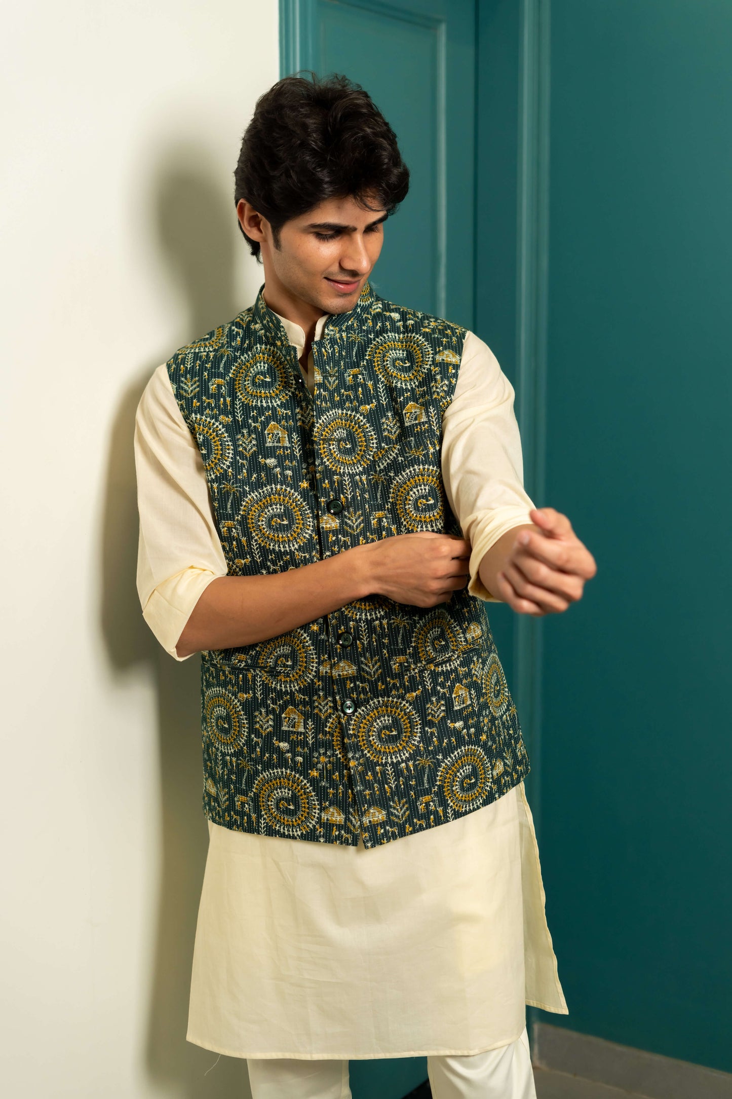 The Dark Green Kantha Work Nehru Jacket With Tribal Print