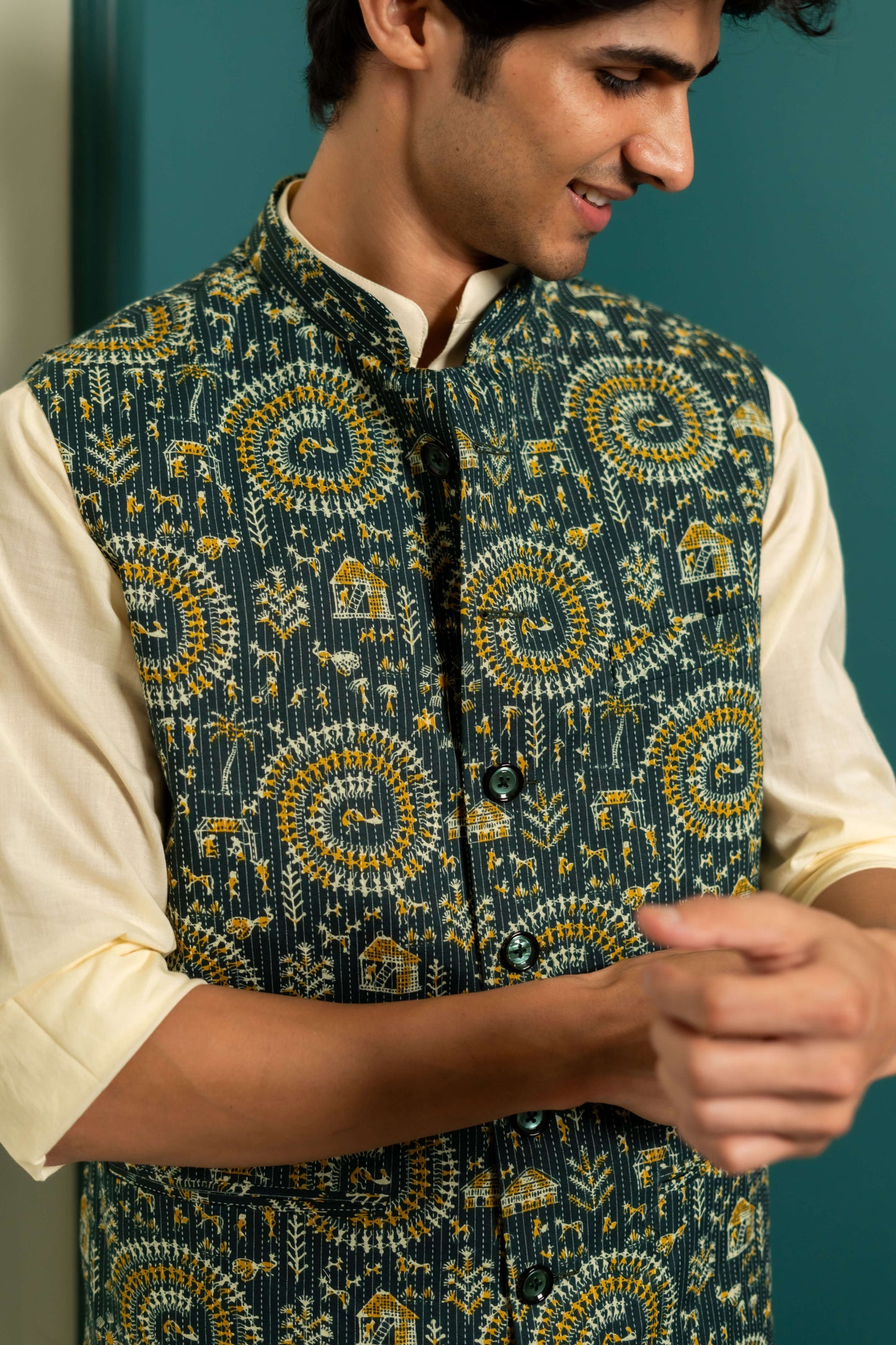 The Dark Green Kantha Work Nehru Jacket With Tribal Print