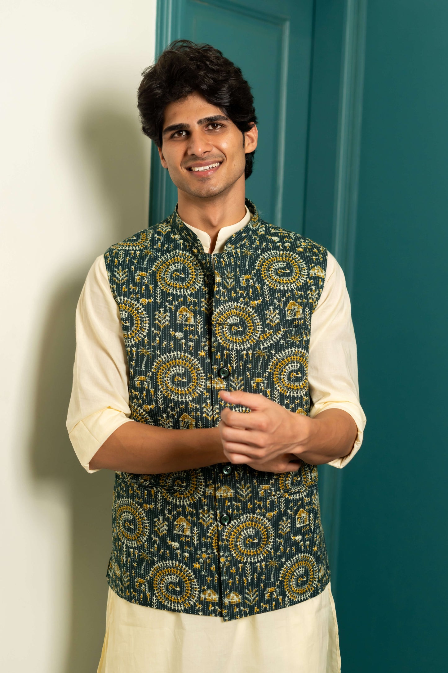 The Dark Green Kantha Work Nehru Jacket With Tribal Print