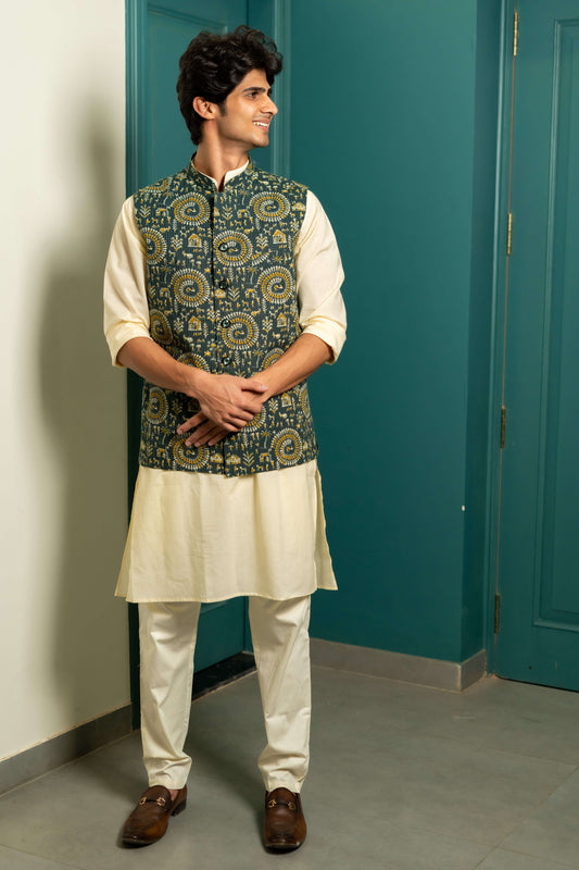 The Dark Green Kantha Work Nehru Jacket With Tribal Print