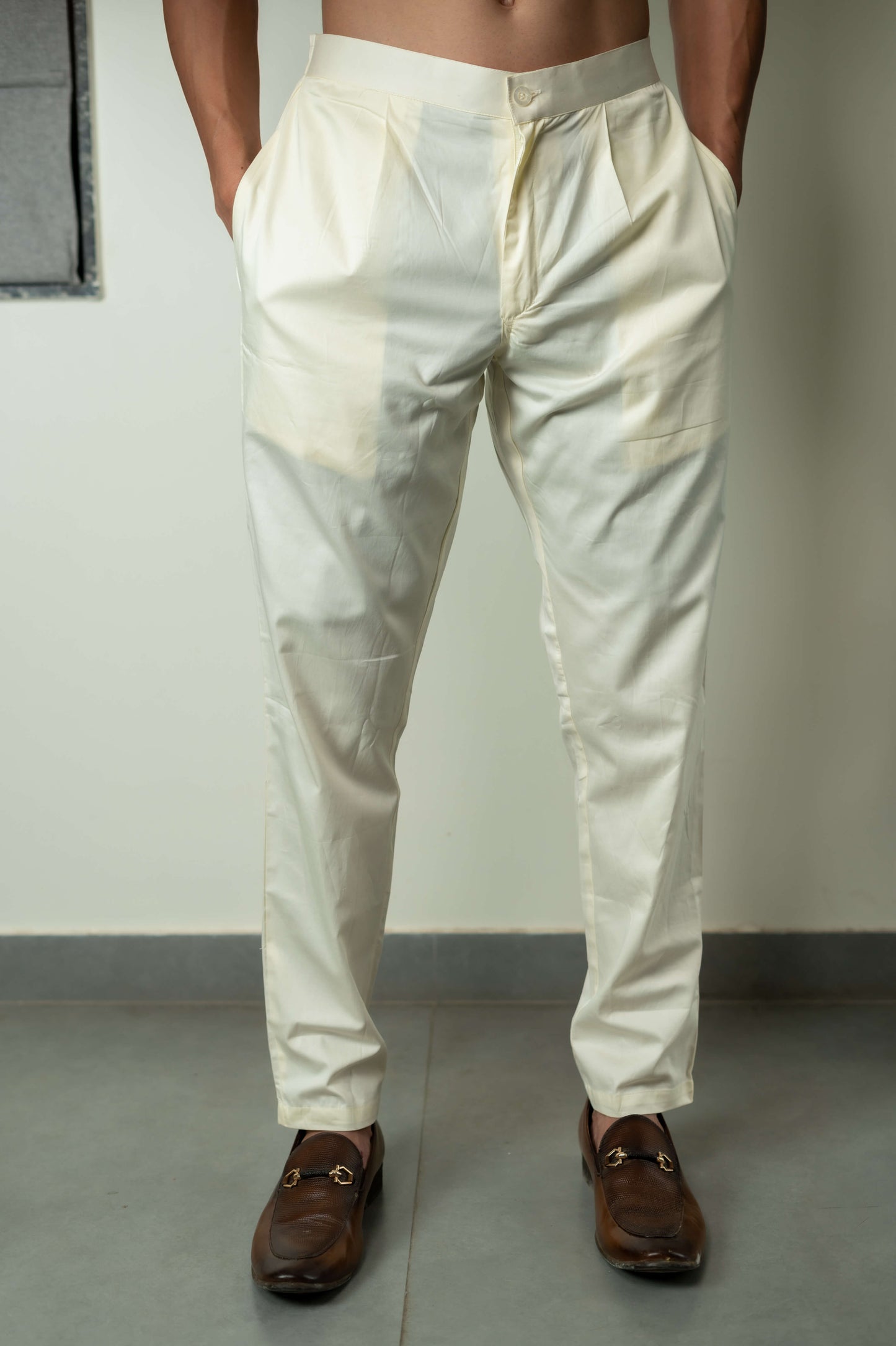 The Cream Color Pant Style Pajama for Men With Partially Elasticated Waist