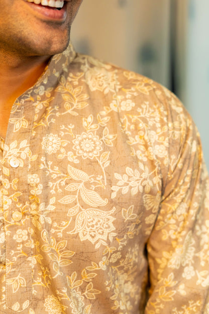 Close-up look of Brown Long Kurta For Men With off-White Floral Print. 