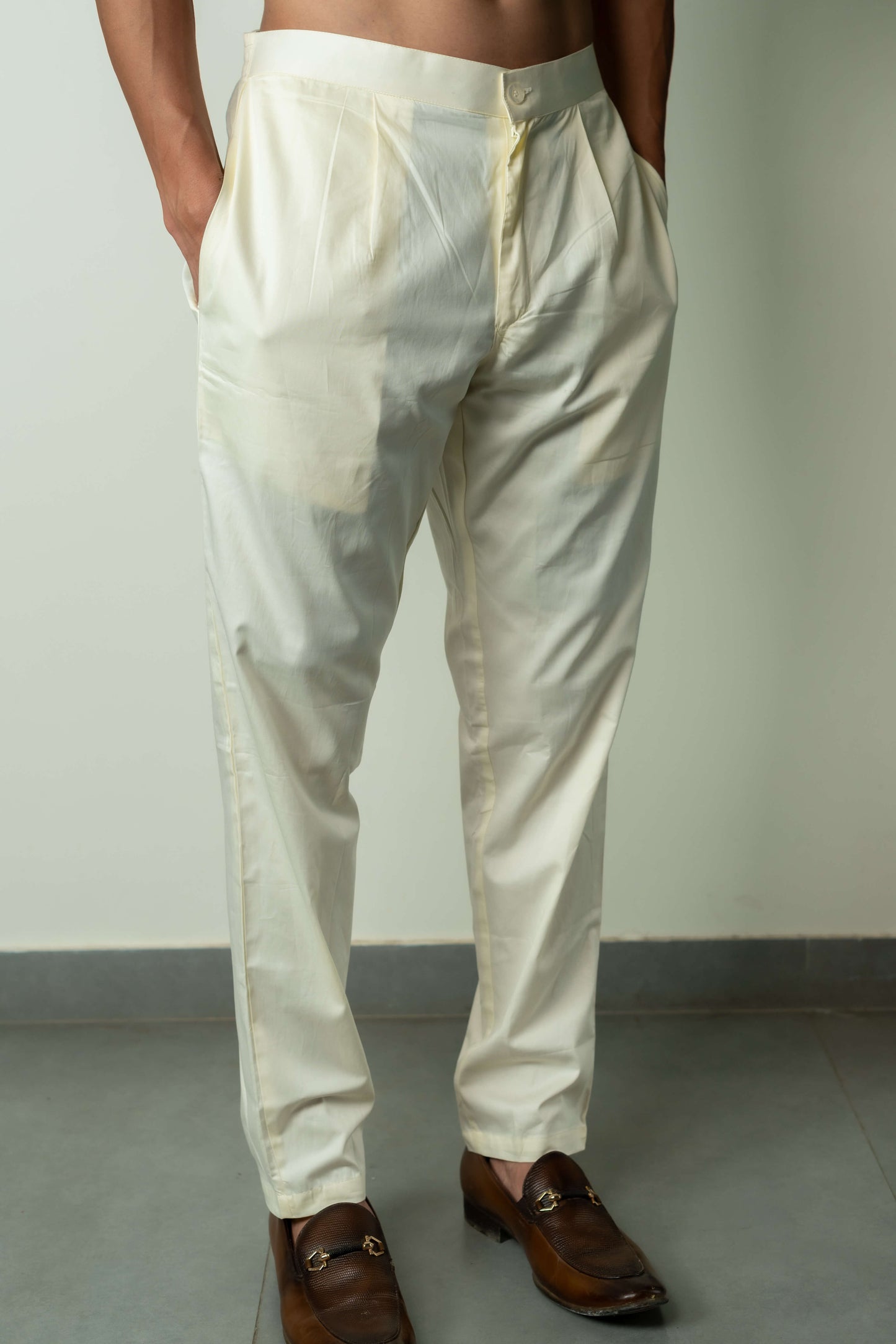 The Cream Color Pant Style Pajama for Men With Partially Elasticated Waist