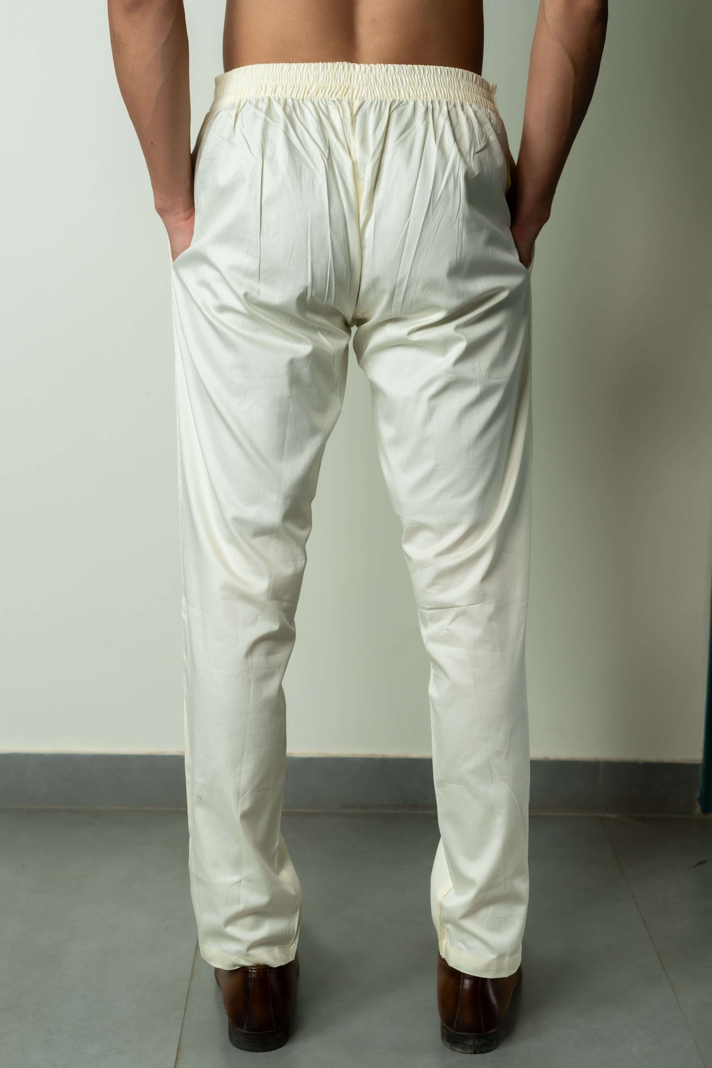 The Cream Color Pant Style Pajama for Men With Partially Elasticated Waist