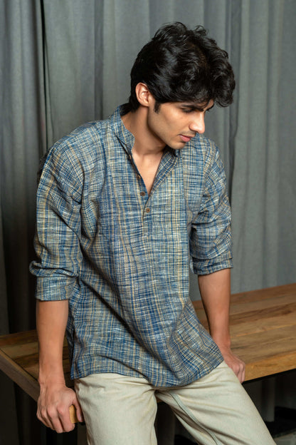 The Khadi Short Kurta in Marble Blue and Light Brown Color