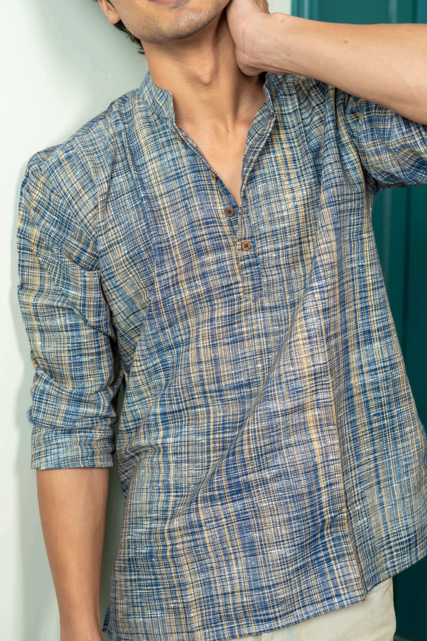 The Khadi Short Kurta in Marble Blue and Light Brown Color