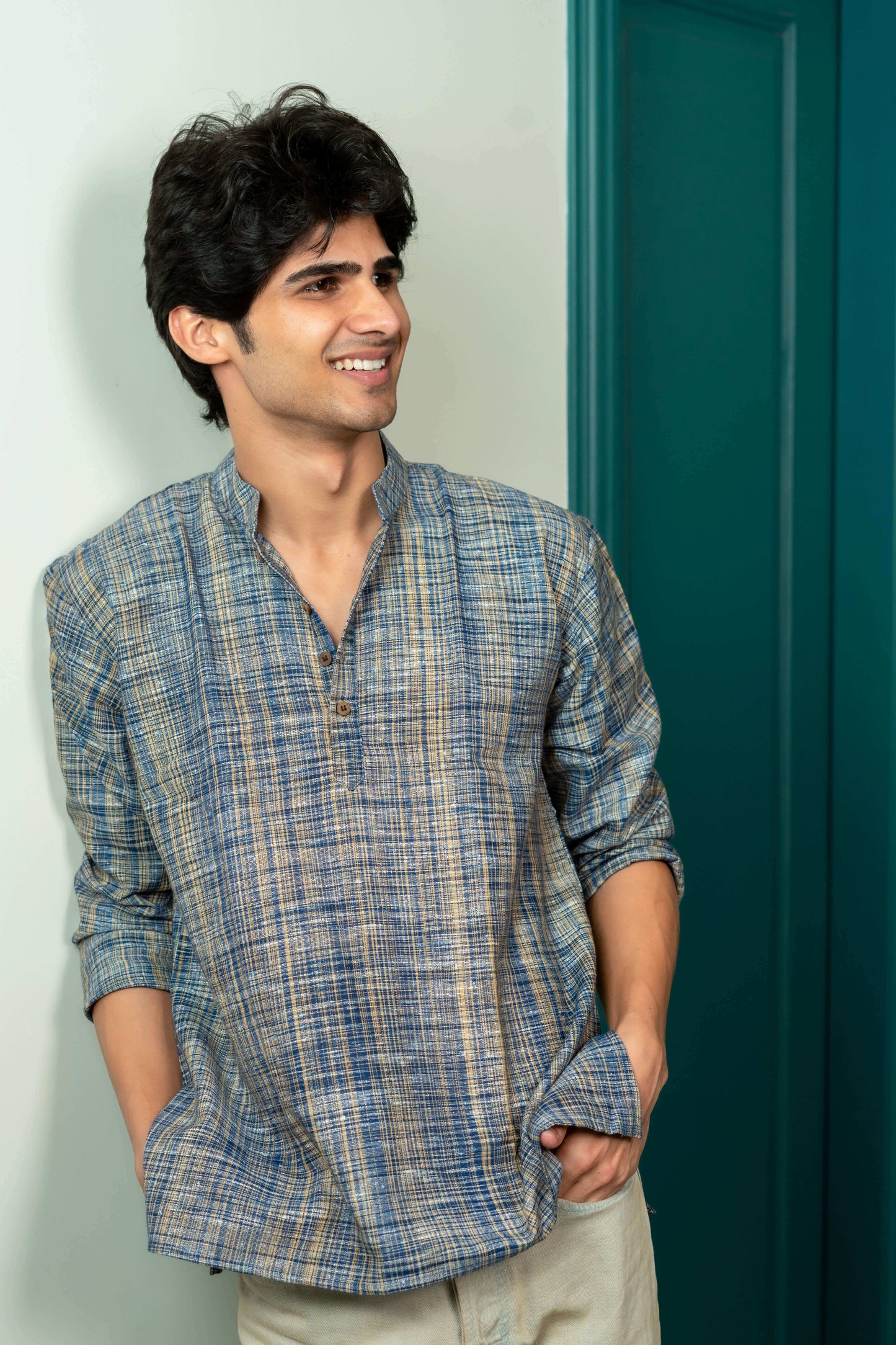 The Khadi Short Kurta in Marble Blue and Light Brown Color