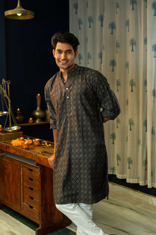 An India Man Wearing a Black Long With a Geometric Print Getting Ready For Diwali 