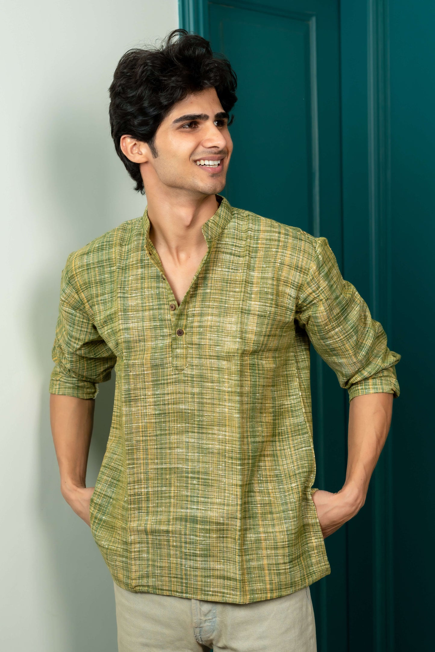 The Khadi Short Kurta in Muddy Green and Light Brown Color