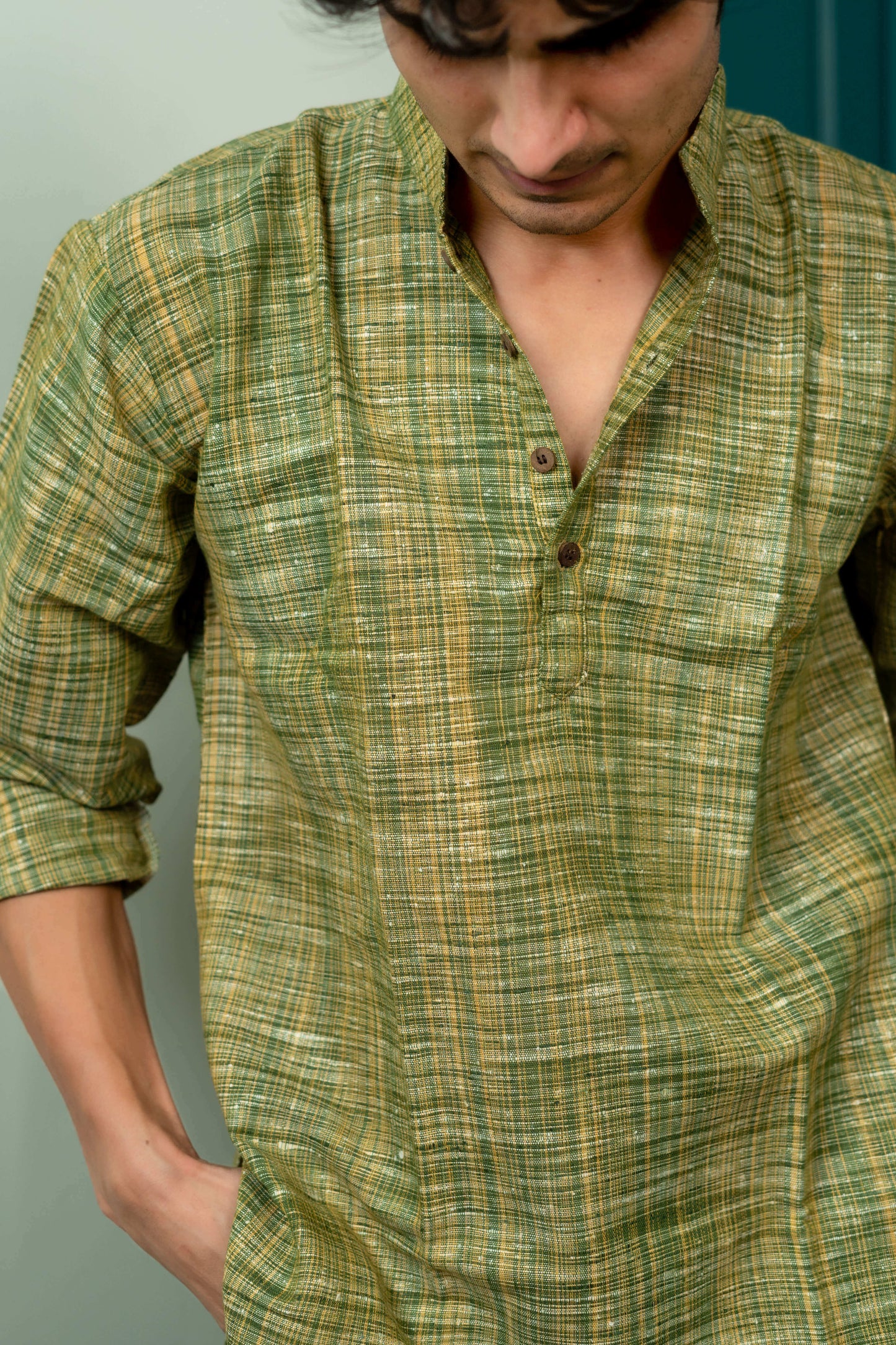 The Khadi Short Kurta in Muddy Green and Light Brown Color