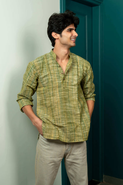 The Khadi Short Kurta in Muddy Green and Light Brown Color