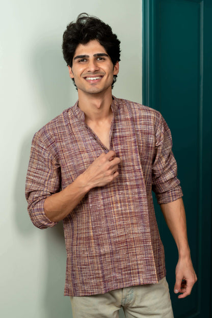 The Khadi Short Kurta in Reddish Grey and Light Brown Color