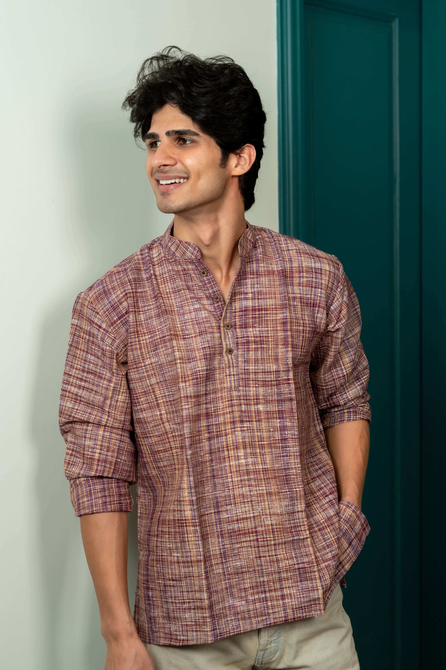 The Khadi Short Kurta in Reddish Grey and Light Brown Color