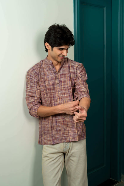 The Khadi Short Kurta in Reddish Grey and Light Brown Color