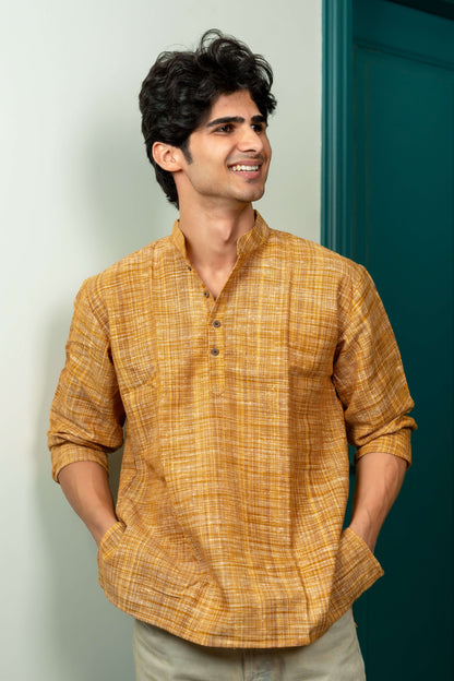 The Khadi Short Kurta in Yellowish Orange and Light Brown Color