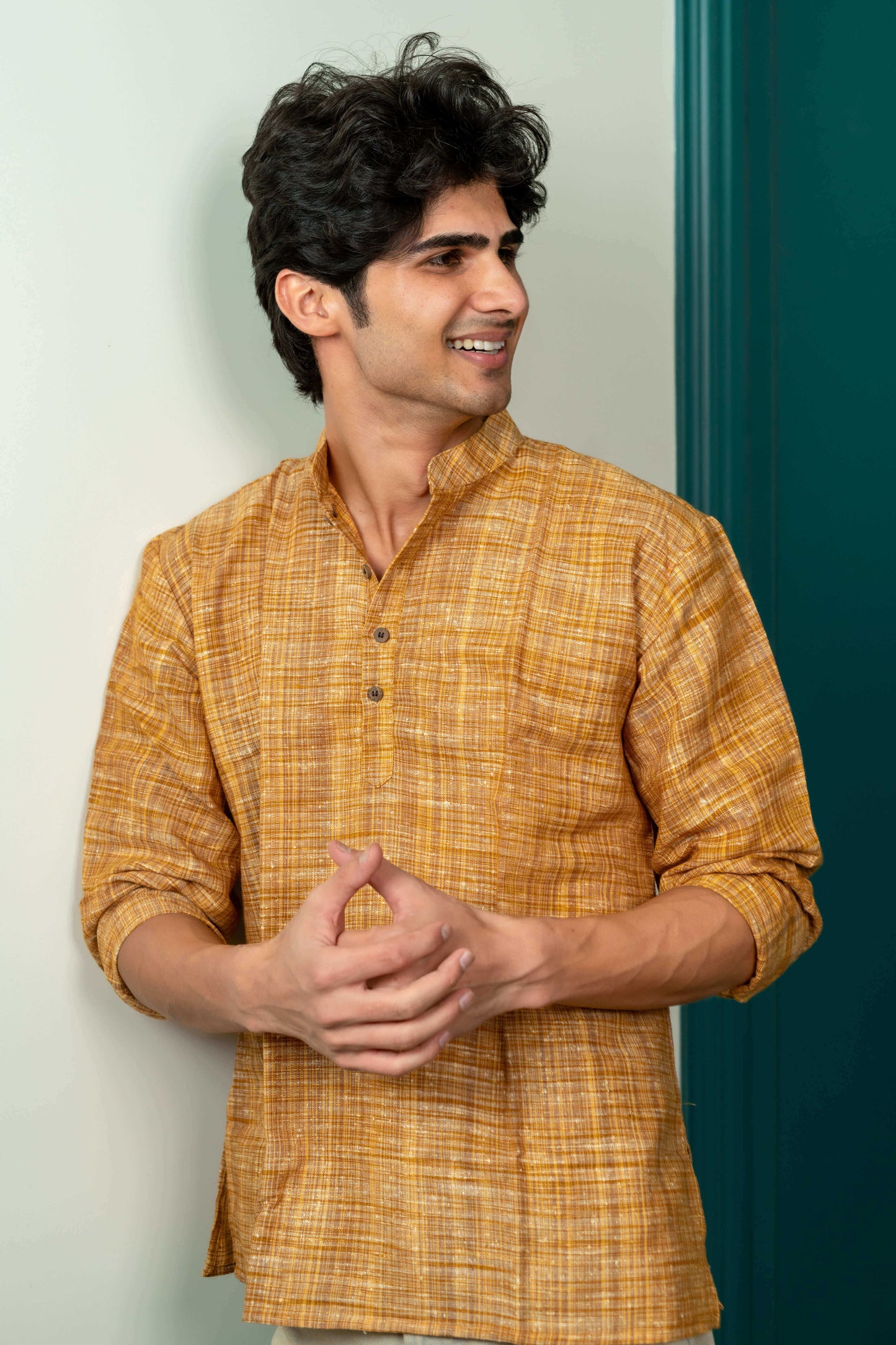 The Khadi Short Kurta in Yellowish Orange and Light Brown Color