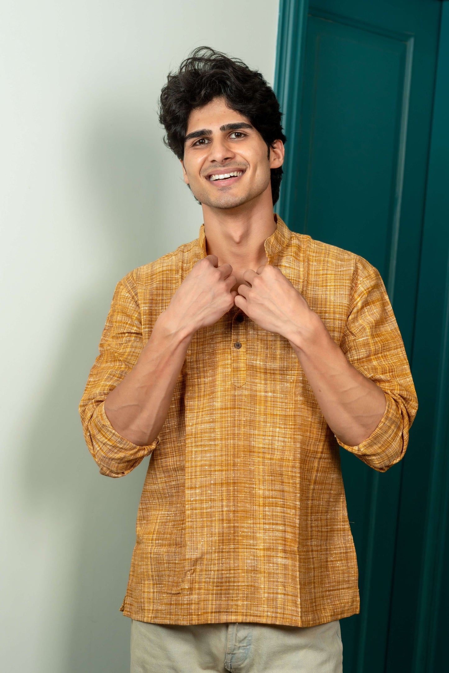 The Khadi Short Kurta in Yellowish Orange and Light Brown Color