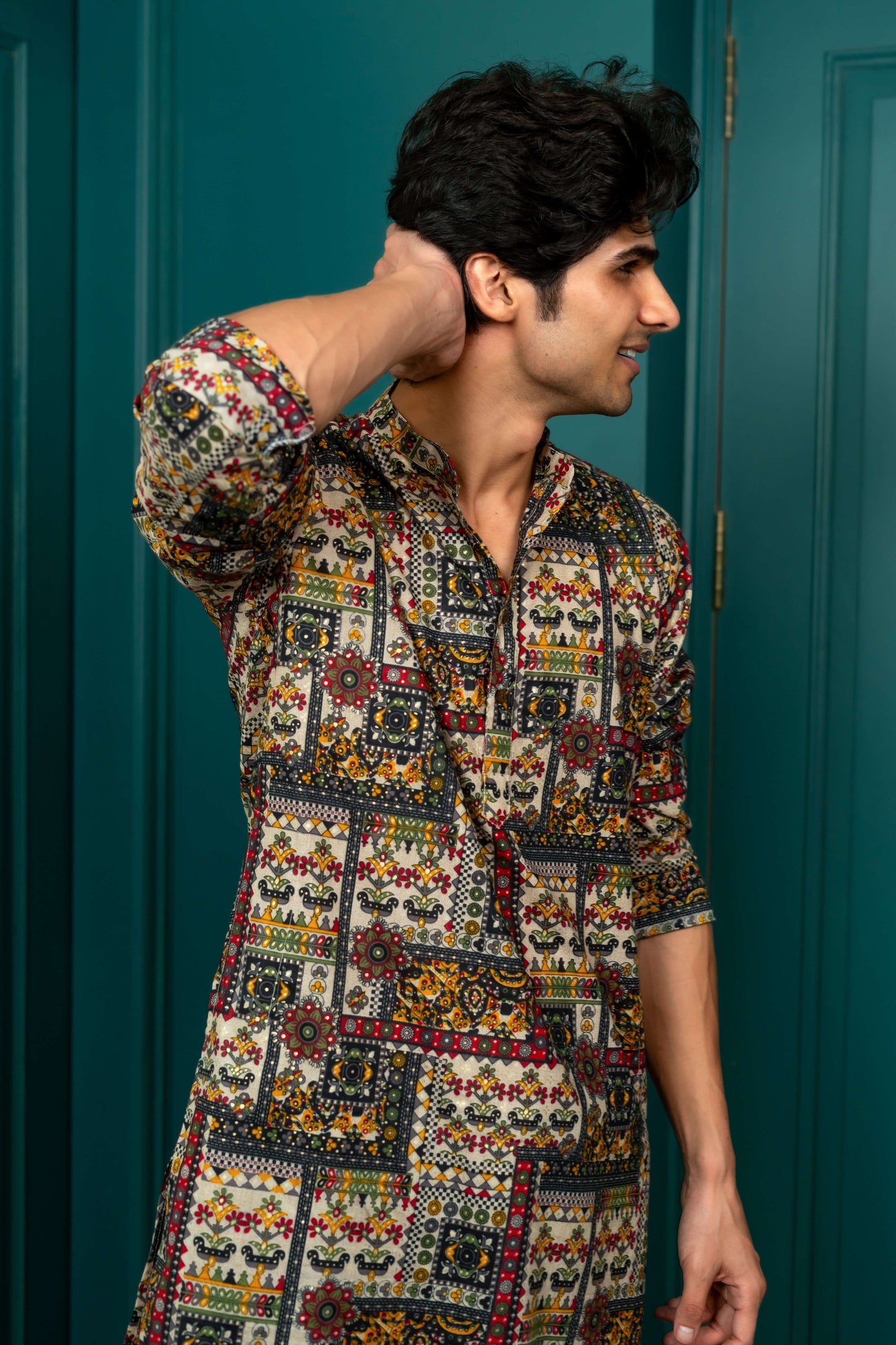 The Beige Color Long Kurta With Tribal Patchwork Foil Print