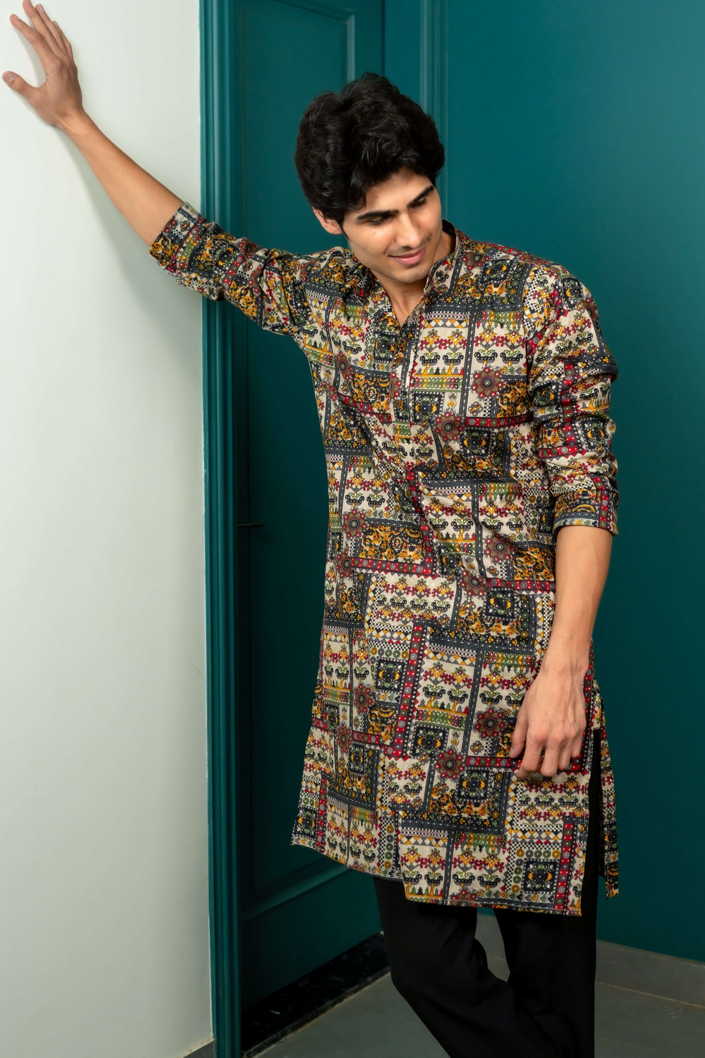 The Beige Color Long Kurta With Tribal Patchwork Foil Print