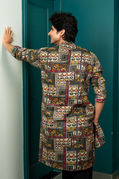 The Beige Color Long Kurta With Tribal Patchwork Foil Print