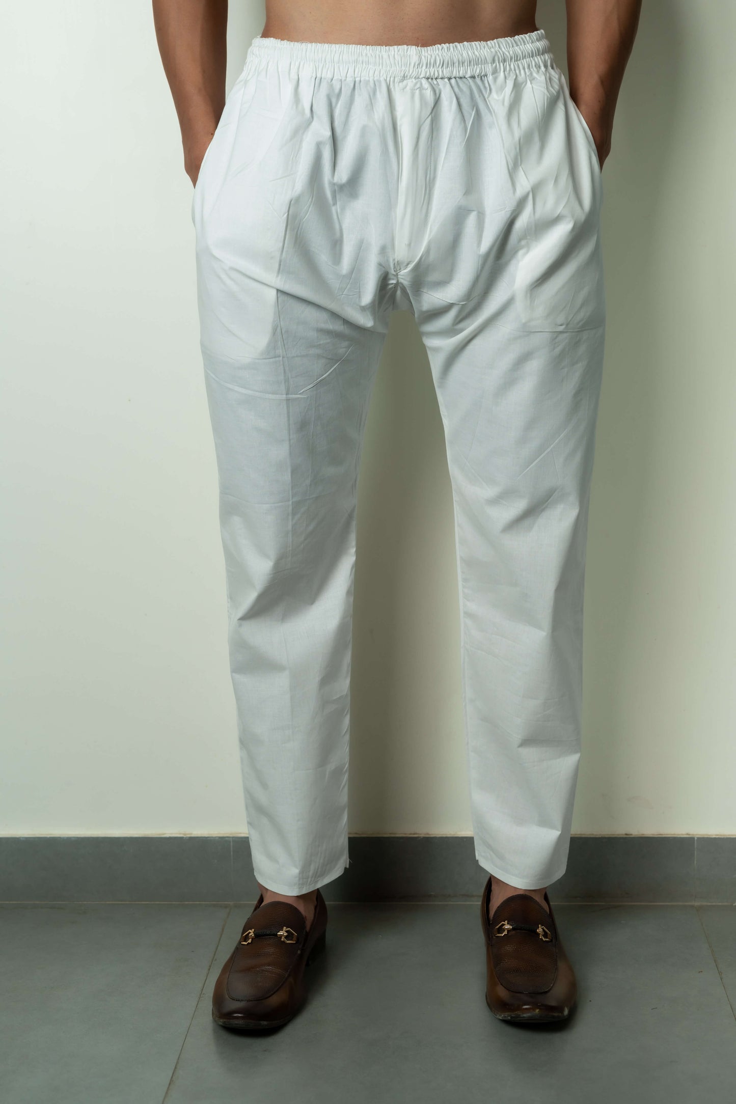 The White Color Traditional Pajama With Elastic Waist