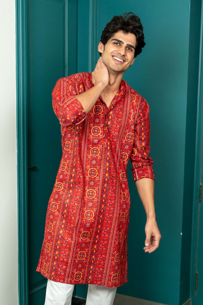 The Red Muslin Multicolour Foil Print Long Kurta