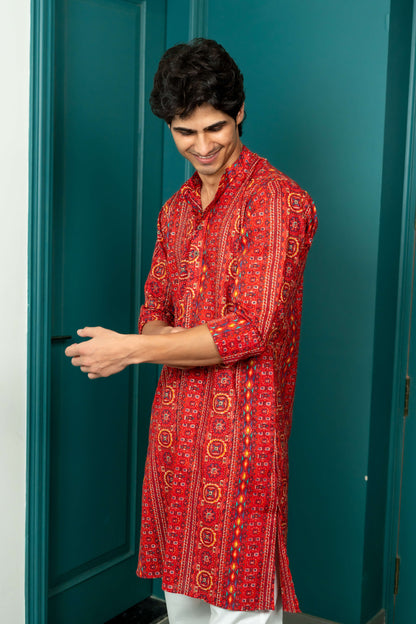 The Red Muslin Multicolour Foil Print Long Kurta