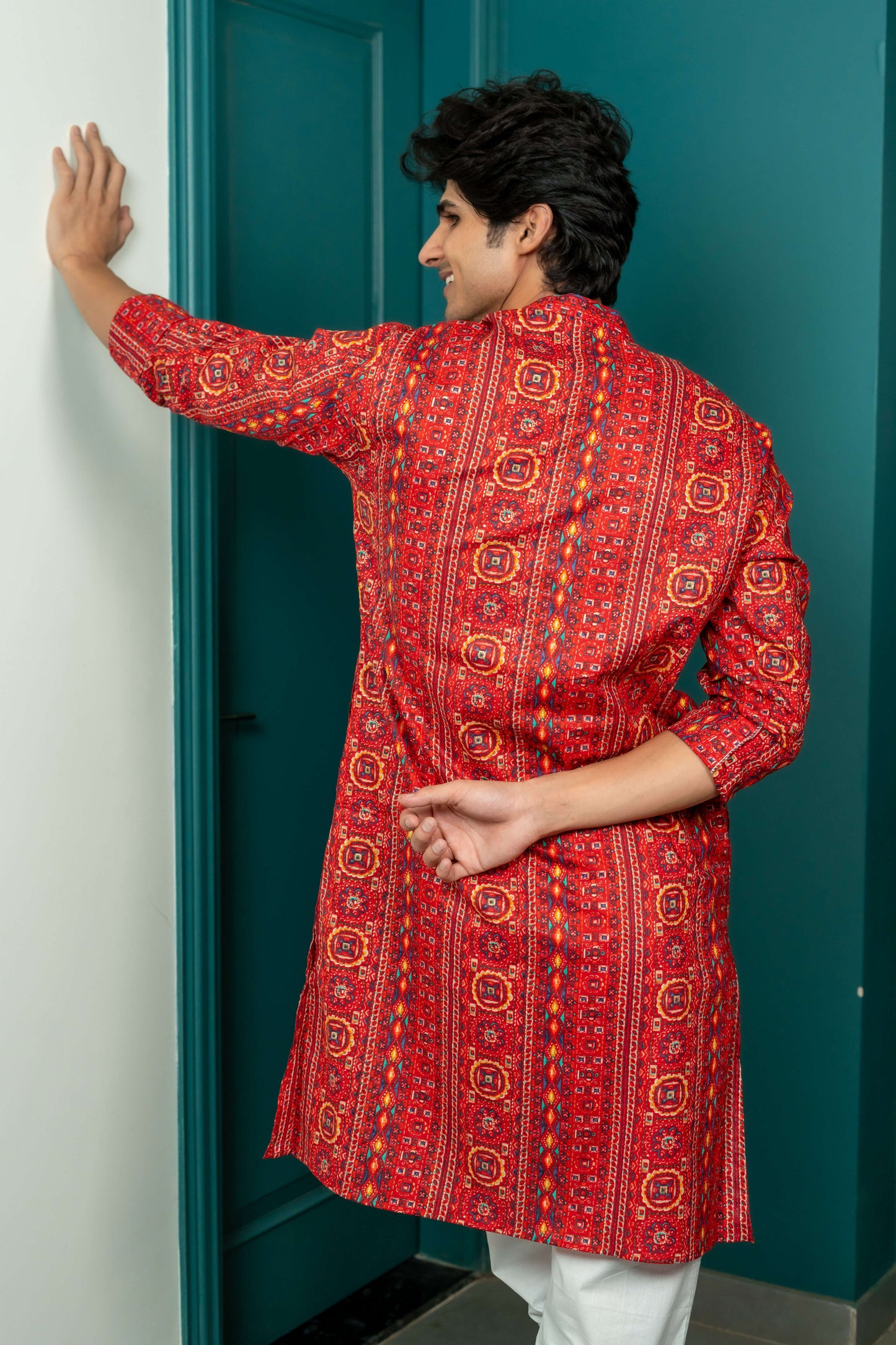 The Red Muslin Multicolour Foil Print Long Kurta