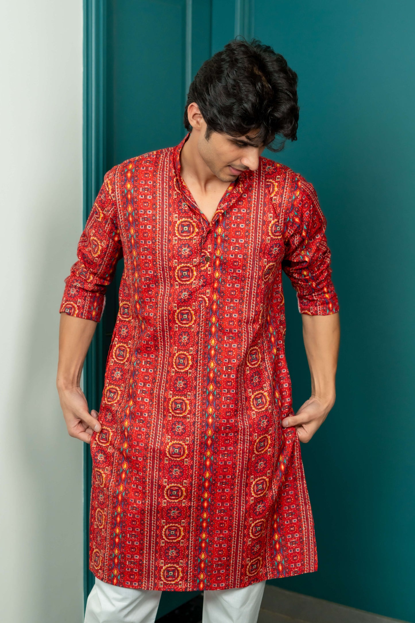 The Red Muslin Multicolour Foil Print Long Kurta