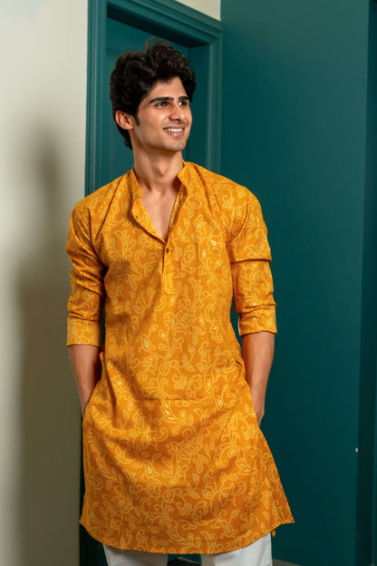 Amber Yellow Long Kurta with All-Over Floral Foil Print