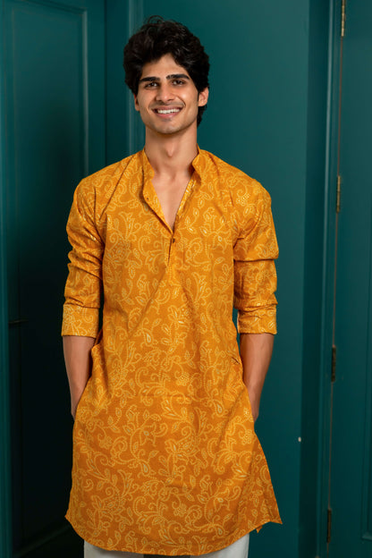 Amber Yellow Long Kurta with All-Over Floral Foil Print