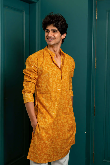 Amber Yellow Long Kurta with All-Over Floral Foil Print