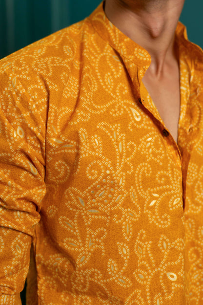 Amber Yellow Long Kurta with All-Over Floral Foil Print