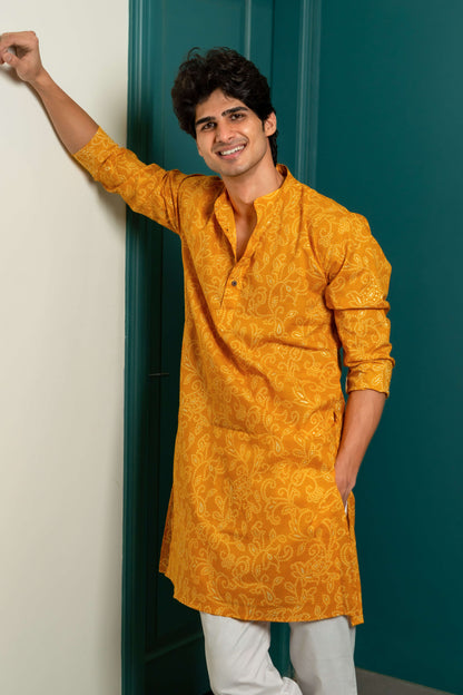 Amber Yellow Long Kurta with All-Over Floral Foil Print