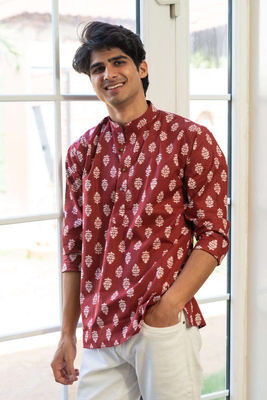 The Blood Red Short Kurta With White Flower Print