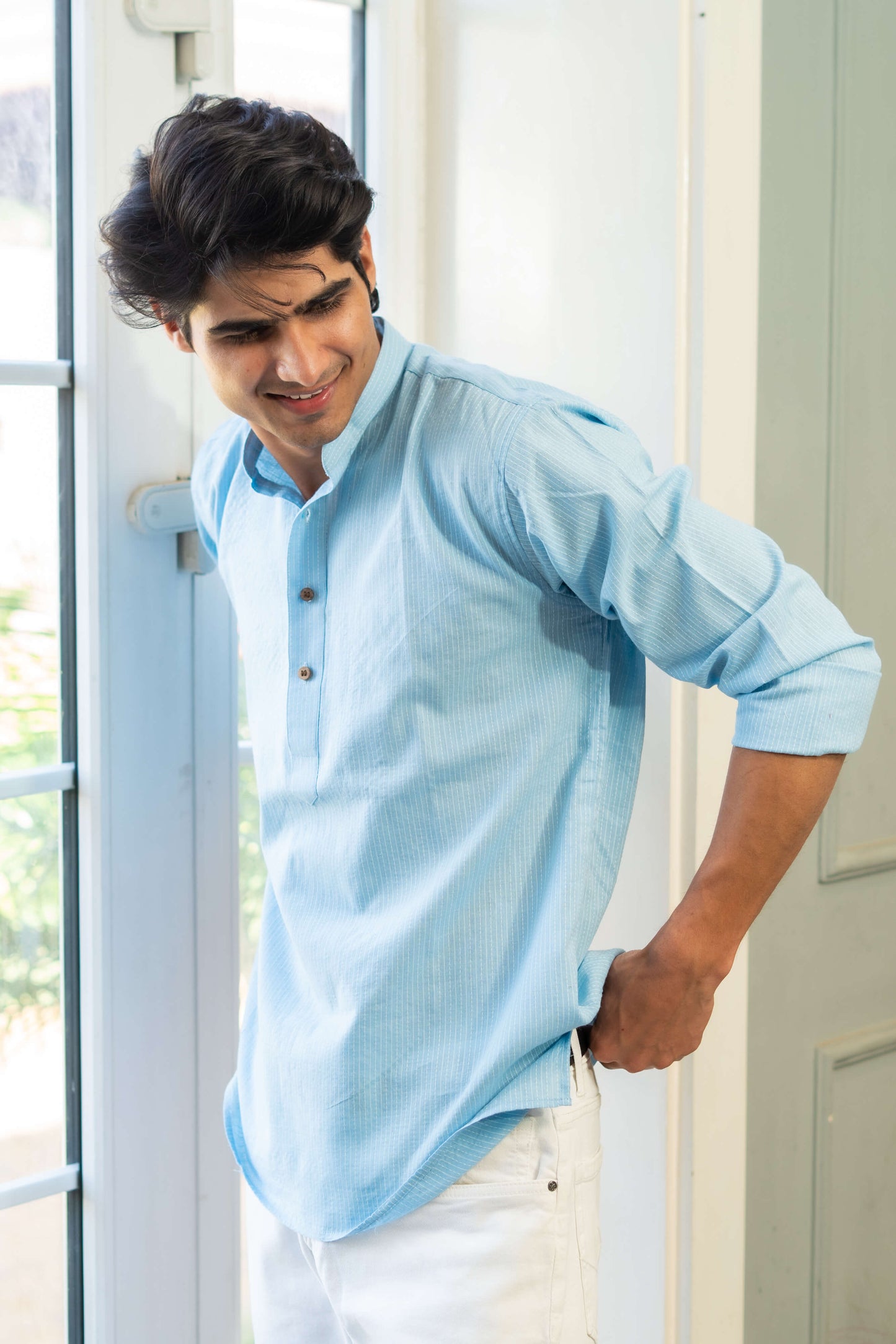 The Sky Blue Kantha Work Short Kurta