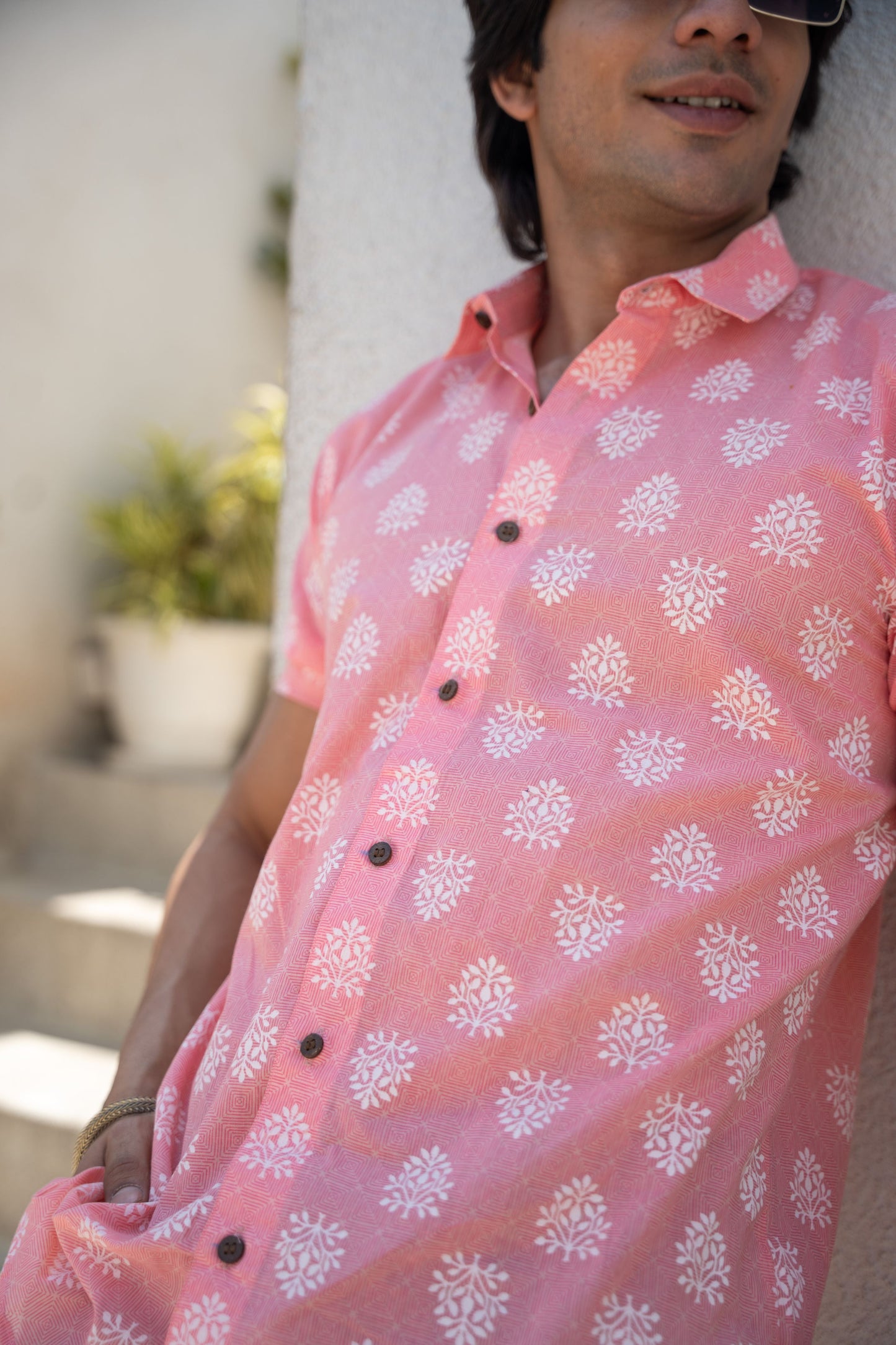 The Pink Half Sleeves Shirt With Floral Geometric Print