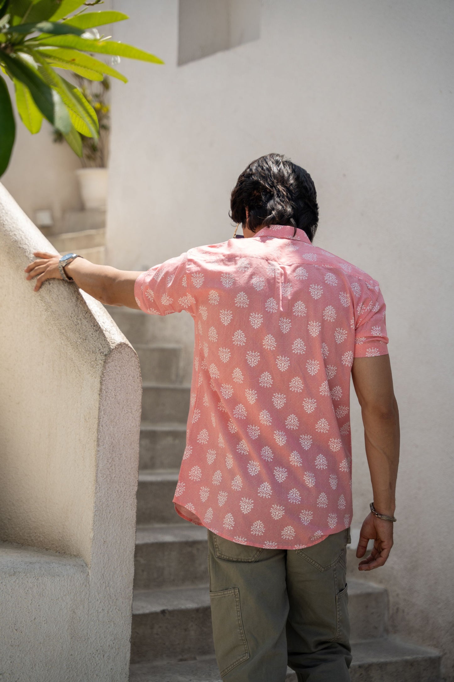 The Pink Half Sleeves Shirt With Floral Geometric Print